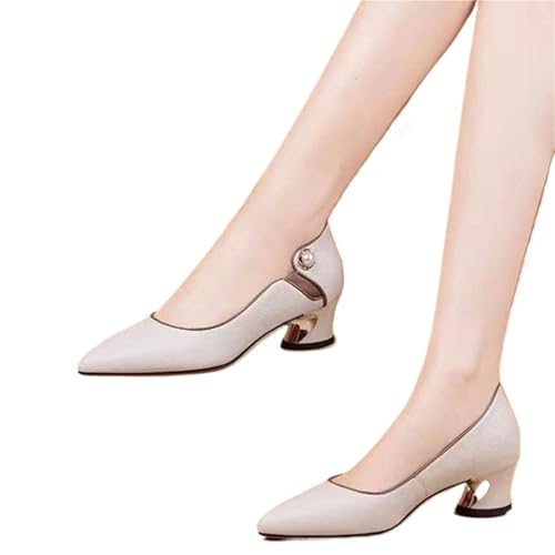 Brautschuhe Damen Pumps Mit Spitzer Zehenpartie, Braun, Lackleder, Mit Quadratischem Absatz, Lässig, Fürs Büro, Beige(Style2,35) von LUYSGBXR