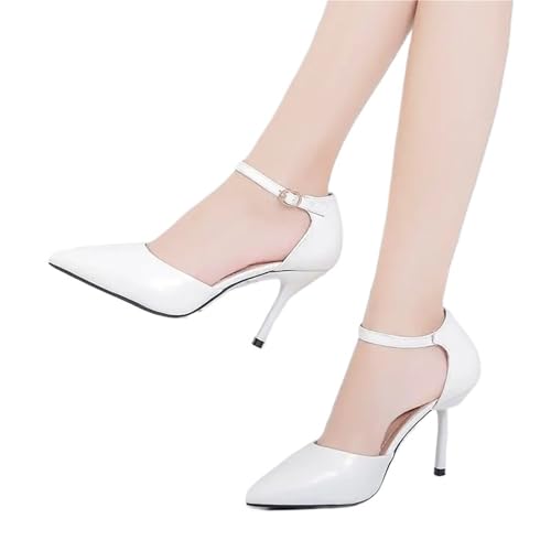 Brautschuhe Weiche Leder Damenschuhe Spitzschuh High Heels Knöchelriemen Cover Heel Damenschuhe(White 8CM,42) von LUYSGBXR