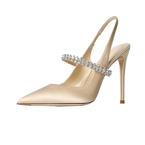 LUYSGBXR Brautschuhe Größe 34-45 Frauen Diamant Sandalen Dünne Ferse Spitze Leder Frauen Hochzeit Schuhe(Apricot 8CM Heel,38) von LUYSGBXR