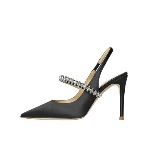 LUYSGBXR Brautschuhe Größe 34-45 Frauen Diamant Sandalen Dünne Ferse Spitze Leder Frauen Hochzeit Schuhe(Black 8CM Heel,34) von LUYSGBXR