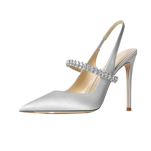 LUYSGBXR Brautschuhe Größe 34-45 Frauen Diamant Sandalen Dünne Ferse Spitze Leder Frauen Hochzeit Schuhe(Grey 10CM Heel,35) von LUYSGBXR