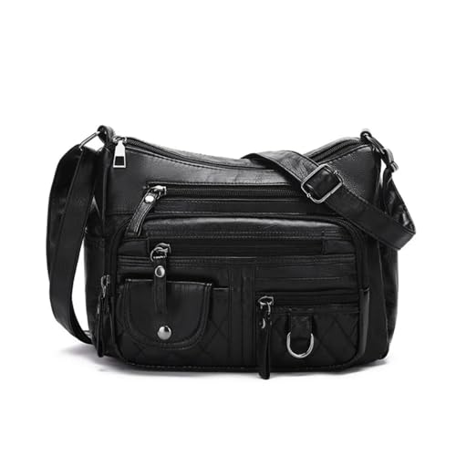 LUYSGBXR Damen Leder Crossbody Tasche Weich Mehrere Reißverschlusstaschen Schultertasche Retro Leder Crossbody Tasche Verstellbarer Riemen, Schwarz , Einheitsgröße von LUYSGBXR