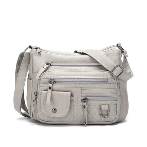 LUYSGBXR Damen Leder Crossbody Tasche Weich Mehrere Reißverschlusstaschen Schultertasche Retro Leder Crossbody Tasche Verstellbarer Riemen, hellgrau, Einheitsgröße von LUYSGBXR