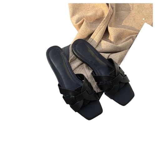 LUYSGBXR Damensandalen mit quadratischer Spitze Damen Hausschuhe Sommer Slides Offene Zehen Flache Freizeitschuhe Freizeit Sandale Weibliche Strand Flip Flops(BLACK,7.5) von LUYSGBXR