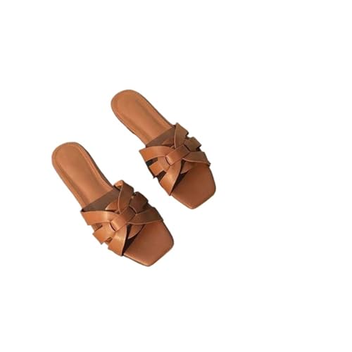 LUYSGBXR Damensandalen mit quadratischer Spitze Damen Hausschuhe Sommer Slides Offene Zehen Flache Freizeitschuhe Freizeit Sandale Weibliche Strand Flip Flops(BROWN,6.5) von LUYSGBXR