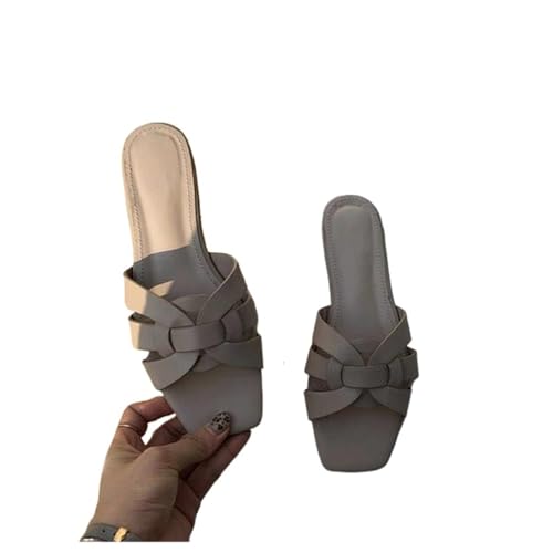LUYSGBXR Damensandalen mit quadratischer Spitze Damen Hausschuhe Sommer Slides Offene Zehen Flache Freizeitschuhe Freizeit Sandale Weibliche Strand Flip Flops(KHAKI,7.5) von LUYSGBXR