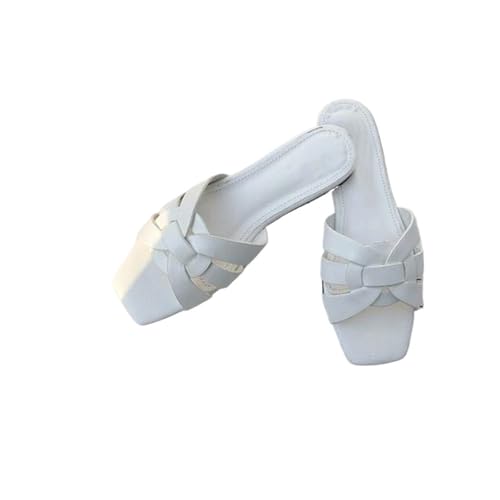 LUYSGBXR Damensandalen mit quadratischer Spitze Damen Hausschuhe Sommer Slides Offene Zehen Flache Freizeitschuhe Freizeit Sandale Weibliche Strand Flip Flops(WHITE,7.5) von LUYSGBXR