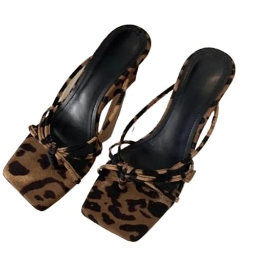 LUYSGBXR Damensandalen mit quadratischer Spitze Slope Hausschuhe Damen Square Head Clip Toe Set Fuß Feiner Riemen Weiche Sohle High Heels(Leopard print,41) von LUYSGBXR