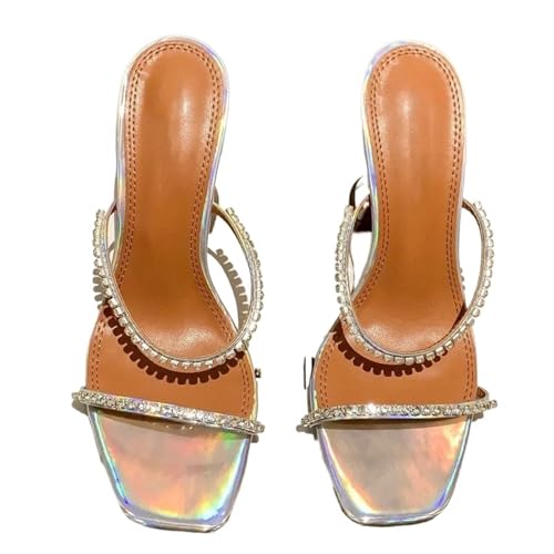 LUYSGBXR Damensandalen mit quadratischer Spitze Sommer Square Toe Open Toe Strass Wort mit High Heel Sandalen Hausschuhe(Color 15,37) von LUYSGBXR
