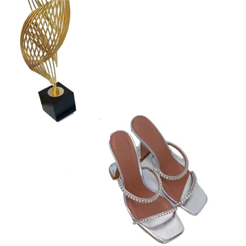 LUYSGBXR Damensandalen mit quadratischer Spitze Sommer Square Toe Open Toe Strass Wort mit High Heel Sandalen Hausschuhe(Color 16,42) von LUYSGBXR