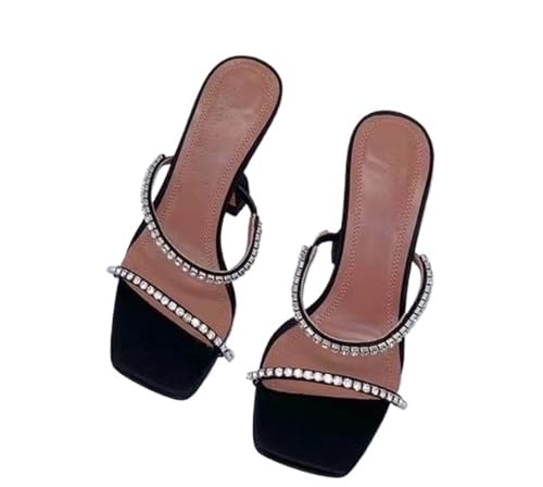 LUYSGBXR Damensandalen mit quadratischer Spitze Sommer Square Toe Open Toe Strass Wort mit High Heel Sandalen Hausschuhe(Color 22,37) von LUYSGBXR