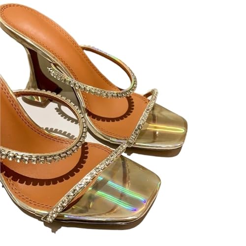 LUYSGBXR Damensandalen mit quadratischer Spitze Sommer Square Toe Open Toe Strass Wort mit High Heel Sandalen Hausschuhe(Color 23,37) von LUYSGBXR