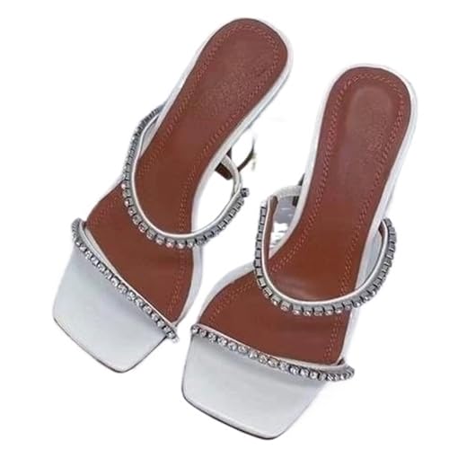 LUYSGBXR Damensandalen mit quadratischer Spitze Sommer Square Toe Open Toe Strass Wort mit High Heel Sandalen Hausschuhe(Color 26,35) von LUYSGBXR