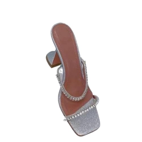 LUYSGBXR Damensandalen mit quadratischer Spitze Sommer Square Toe Open Toe Strass Wort mit High Heel Sandalen Hausschuhe(Color 27,38) von LUYSGBXR
