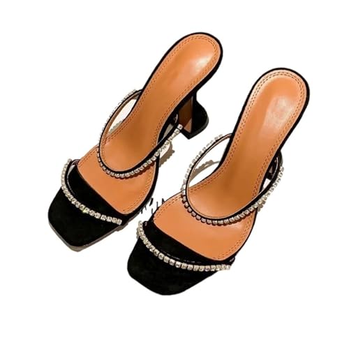 LUYSGBXR Damensandalen mit quadratischer Spitze Sommer Square Toe Open Toe Strass Wort mit High Heel Sandalen Hausschuhe(Color 6,40) von LUYSGBXR