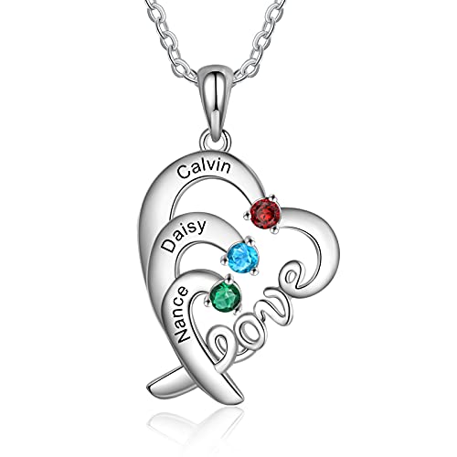 Personalisierter Halskette 925 Silber Herz Love Anhänger mit Gravur 2-4 Namen Birthstone Kundenspezifische Halskette Damen Tochter Mutter Schmuck Geschenk für Muttertag Valentinstag (3 Namen) von LUYU