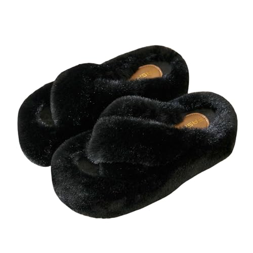 LUYYBDBG Hausschuhe Damenhaus Cross Band Offener Zehenweiche Plüsch Fleece Schlafzimmer Frauen Fuzzy Slip Auf Nicht Rutscher Damen Slipper-schwarz-40 von LUYYBDBG
