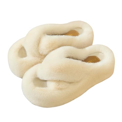 LUYYBDBG Hausschuhe Damenhaus Cross Band Offener Zehenweiche Plüsch Fleece Schlafzimmer Frauen Fuzzy Slip Auf Nicht Rutscher Damen Slipper-weiss-36 von LUYYBDBG