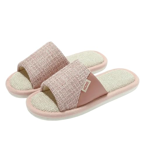LUYYBDBG Hausschuhe Leinen Pantoffeln Männer Zuhause Weiche Sohle Wohnungen Paare Indoor Rutschfeste Sommer Herbst Frauen Boden Schuhe Haus-rosa-42-43 von LUYYBDBG