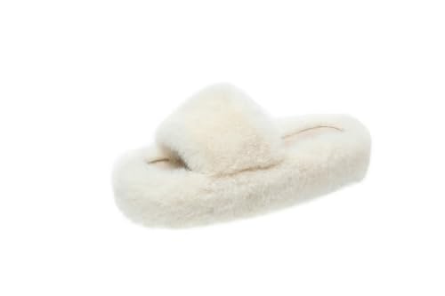 LUYYBDBG Hausschuhe Tochter Ein Wort Dicke Sohle Warm Plus Samt Zuhause Frauen Schuhe Plüsch Offene Zehe Baumwolle Pantoffeln-cremig-weiß-35 von LUYYBDBG