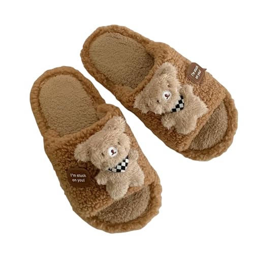 LUYYBDBG Hausschuhe Winter Warmes Flachfell -hausschuhe Frauen Faux Wildleder Flauschiger Pelziger Hausschuppen Komfort Nicht -slip -innenboden Baumwollschuhe-braun-40-41 von LUYYBDBG