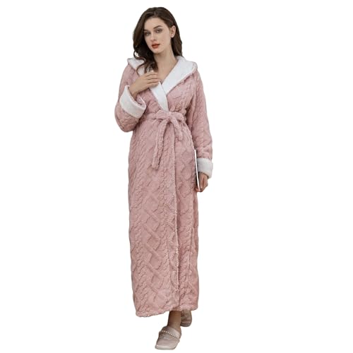 LUZBOSE Extra langer Flanell-Pyjama mit Kapuze für Damen, Bademantel, Jacquard-Nachthemd, TV-Decke, Paar-Heimkleidung(L, Pink) von LUZBOSE