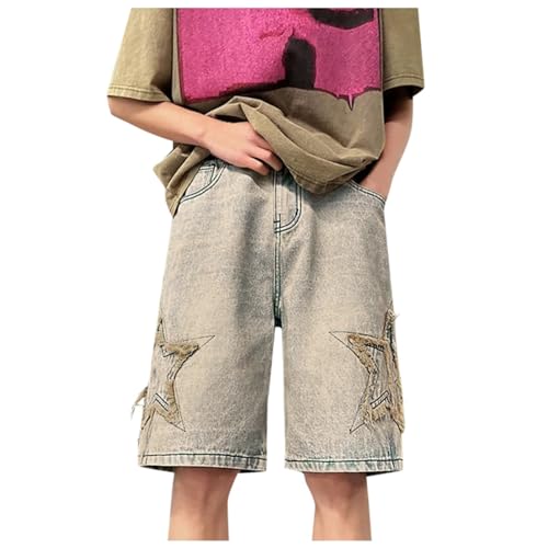 LUZOUCHE Stern Stickerei Jeans Shorts Herren Jorts Baggy Sommer Denim Shorts Straight Leg Unisex Y2K Streetwear Jugend Short Hose Kurze Basic Bermuda Shorts Weitem Bein Cargohose von LUZOUCHE
