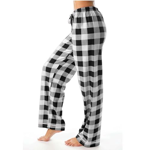 Schlafanzughosen Damen Loungehose Lang Kariert Pyjamahose für Frauen Schlafhose 5XL Haushose Geradem Bein Freizeithose Pyjama Hosen Nightwear Nachtwäsche Schlafanzüge-Hose von LUZOUCHE