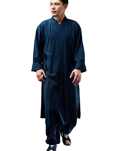 Shaolin Mönch Kung Fu Robe Kostüm Langes Kleid Meditationsanzug Baumwolle Leinen Mantel Casual Kaftan Kampfsport Kleidung, Mf-170 Navy, Mittel von LUZU JUNU