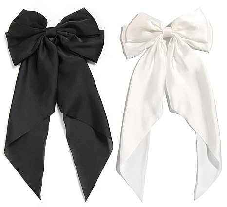 Seidige Satin-Haarschleifen für Damen, übergroß, Schwarz und Weiß, Haarschleifen mit langem Schwanz, große Satin-Haarspangen für Pferdeschwanz, ästhetisches Haar-Accessoire, 2 Stück von LV Global