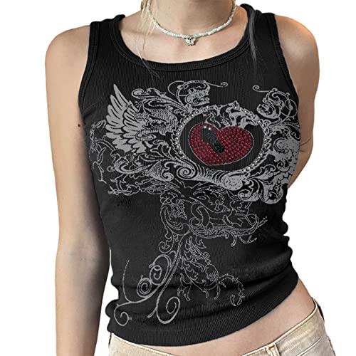 Frauen Sexy Niedlich Gedruckt Strass Crop Top Y2k Grafik Schlank Rundhalsausschnitt Ärmellos Weste Top E-Girl Streetwear (Schwarz, Groß) von LVBJ