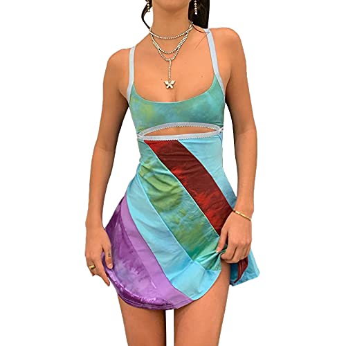 Frauen Sexy Spaghetti-Träger ausgeschnittenes Minikleid Ärmellos Low Cut Buntes, figurbetontes Sommerkleid Sexy Sommer Streetwear (Colorful, S) von LVBJ