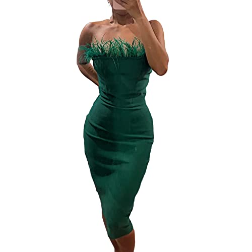 LVBJ Elegantes, trägerloses Federbandage-Schlauchkleid für Damen, einfarbig, figurbetontes Abend-Cocktailparty-Midikleid (Green, S) von LVBJ