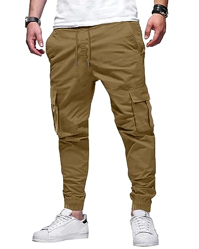 LVCBL Cargohose für Herren Arbeitshosen Herren Baumwolle Freizeithose mit 6 Taschen Slim Fit Khaki XL von LVCBL