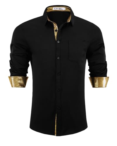 LVCBL Freizeithemd Herren Langarm Business Formelle Hemd Regular Fit Musterhemd Schwarzes Gold L von LVCBL