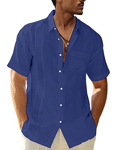 LVCBL Größe Freizeithemden Herren Leinen Button Up Shirt Revershemd Dunkelblau 2XL von LVCBL