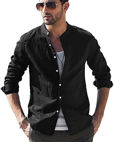 LVCBL Größe Freizeithemden Herren Leinen Button Up Shirt Stehkragenhemd Schwarz 2XL von LVCBL