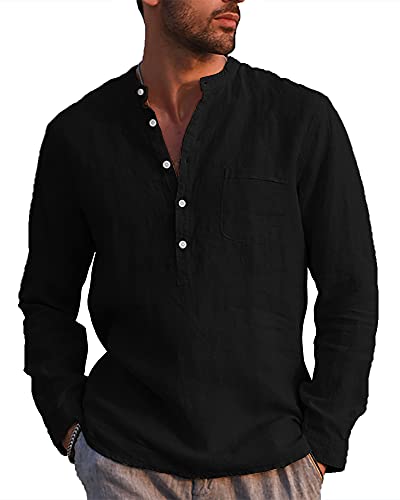 LVCBL Leinenhemd Herren Langarm Stehkragenhemd Freizeithemd Versammlung Schwarz 2XL von LVCBL