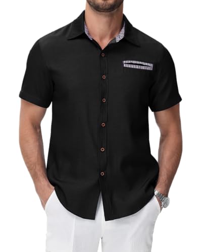 LVCBL Hemd Herren Kurzarm Freizeithemd Kurzarm Jeanshemd Sommerhemd Kurzarm Casual Business Hemd Strandhemd Herrenhemden Kariertes Kragen Kurzarmhemd Schwarz L von LVCBL