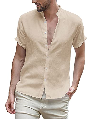 LVCBL Hemd Herren Kurzarm Henley Sommerhemd Herren Freizeithemd mit Brusttasche Regular Fit Men Shirts Khaki M von LVCBL