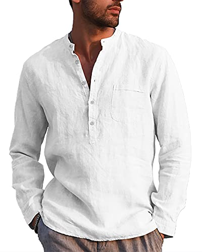 LVCBL Hemd Herren Langarm Henley Sommerhemd Herren Freizeithemd mit Brusttasche Regular Fit Men Shirts Weiß M von LVCBL
