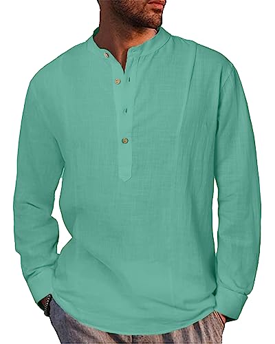 LVCBL Hemd Herren Langarm Leinenhemd Herren Henley Sommerhemd Regular Fit Men Shirts Grün M von LVCBL