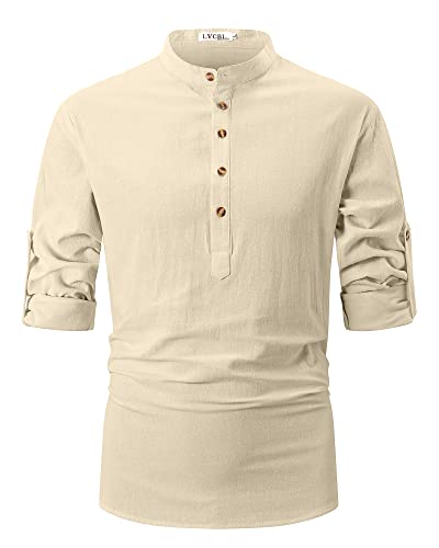 LVCBL Hemd Herren Langarm Regular Businesshemd Herren Hemd Baumwolle & Leinen Khaki 3XL von LVCBL