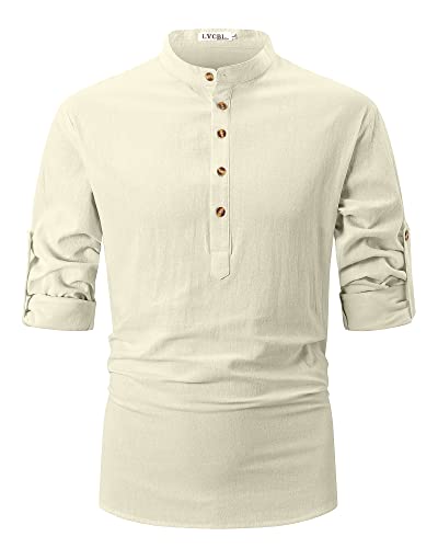 LVCBL Hemd Herren Leinen Baumwoolle Oberhemden Herren Langarm Comfort fit Beige 3XL von LVCBL