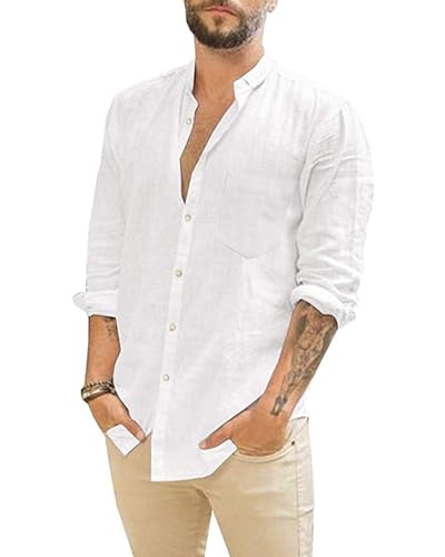 LVCBL Hemd Langarm Herren Baumwolle Leinenhemd Sommer Strand Freizeit Hemd Weiß 3XL von LVCBL