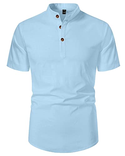 LVCBL Hemd Leinen Herren Freizeithemd Kurzarm-Shirt Mit Knöpfen Alltagskleidung Blau 3XL von LVCBL