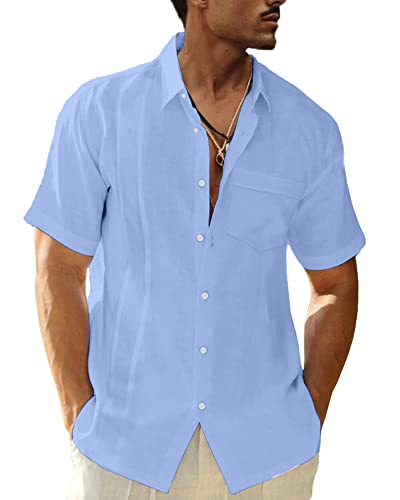 LVCBL Henley Herren Leinenhemd Atmungsaktiv mit V-Ausschnitt Geschäftsreise Hellblau XL von LVCBL