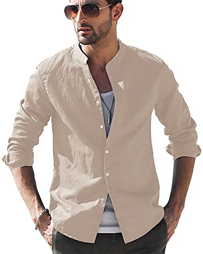 LVCBL Henley Herren Leinenhemd Atmungsaktiv mit V-Ausschnitt Geschäftsreise Khaki XL von LVCBL