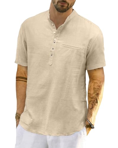 LVCBL Leinenhemd Herren Kurzarm Herren Leinenhemd Freizeithemd Henley Shirt Khaki XL von LVCBL