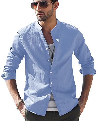 LVCBL Henley Shirt Herren Langarm Herren Leinenhemd Freizeithemd Himmelblau M von LVCBL